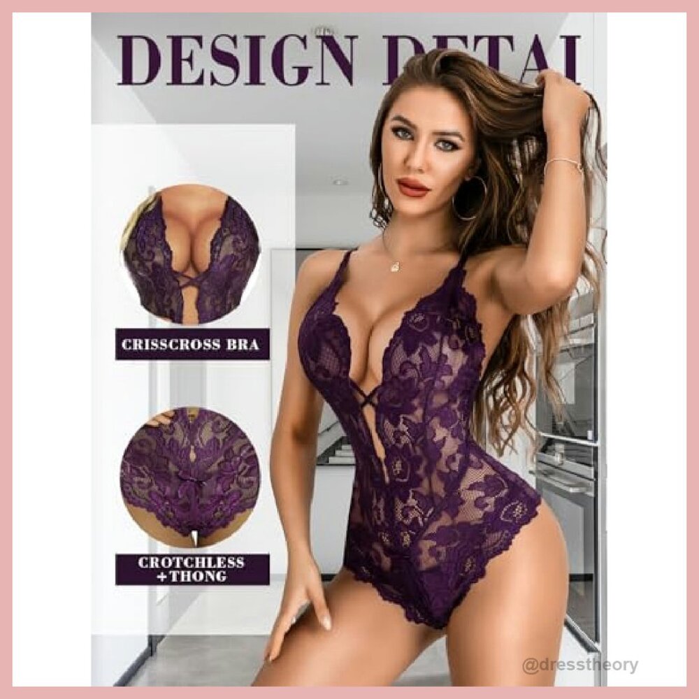 Lace Teddy Bodysuit Deep V Cut Out Matching Panty Soft Stretch - Picture 4 of 7